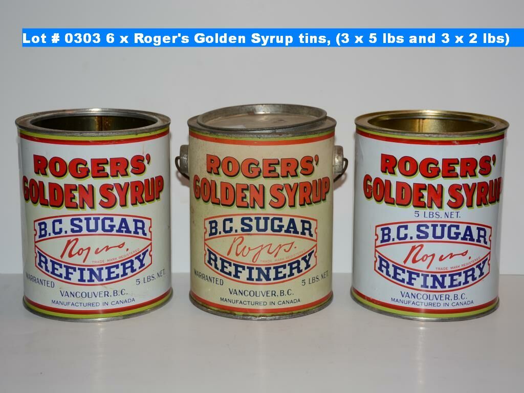 6 x Roger's Golden Syrup tins, (3 x 5 lbs and 3 x 2 lbs)