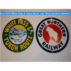 White Pass & Yukon Route" and "Great Northern Railway" metal signs