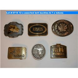 12 x assorted belt buckles & 7 x tokens