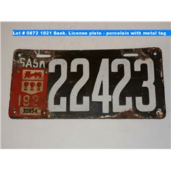 1921 Sask. License plate - porcelain with metal tag