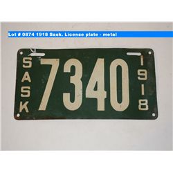 1918 Sask. License plate - metal