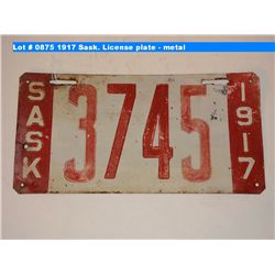 1917 Sask. License plate - metal