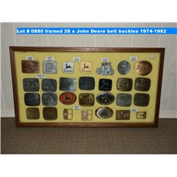framed 28 x John Deere belt buckles 1974-1982