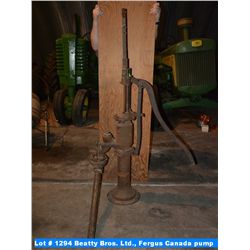 Beatty Bros. Ltd., Fergus Canada well pump with wooden handle, unpainted original with downspout