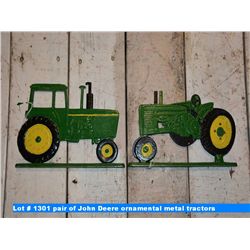 pair of John Deere ornamental metal tractors