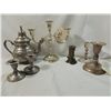 Image 1 : LOT 7 ASSORTED METAL CANDLE STICK HOLDERS TEA POT