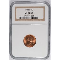 1942-D LINCOLN CENT, NGC MS-67 RED!  RARE!