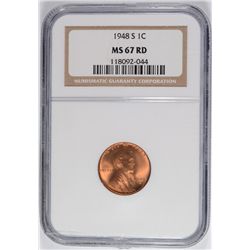 1948-S LINCOLN CENT, NGC MS-67 RED!  RARE!