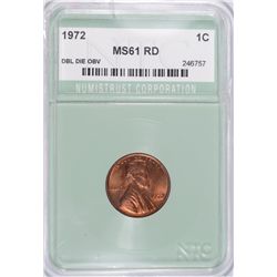 1972 DOUBLE DIE OBV LINCOLN CENT NTC MS61 RED