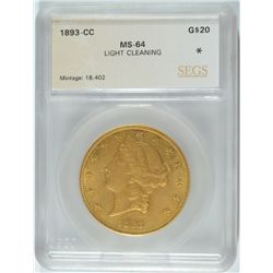 1893-CC $20.00 GOLD, SEGS MS-64, LIGHT CLEANING, REMEMBER SEGS GUARANTEES  GRADE
