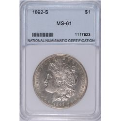 1892-S MORGAN SILVER DOLLAR, NNC MS-61 WHITE, VERY RARE , THE 1st WE'VE HAD