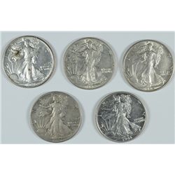 LOT OF ( 5 ) WALKING LIBERTY HALF DOLLARS, VF TO AU