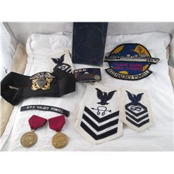 WWII NAVY GROUPING OF PATCHES, MEDALS, BUCKLE ETC