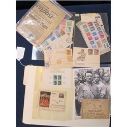 TRAY LOT OF GERMAN STAMPS, POSTCARDS, PAPER, PHOTO