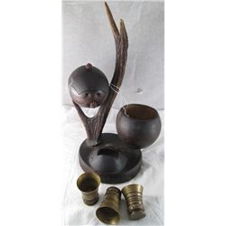 TRENCH ART SHOT GLASS & CARVED WOOD SMOKING STAND