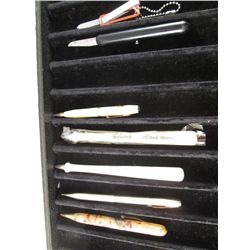 TRAY OF PENS & PENCILS & KEYCHAIN KNIVES