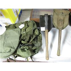 LOT OF 2 TRENCH TOOLS/SHOVELS & FIELD PACK