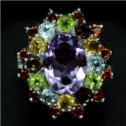 STERLING SILVER MULTI COLORED GEMSTONE RING - SZ. 6.25