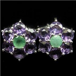 PAIR OF STERLING SILVER AMETHYST AND EMERALD EARRINGS