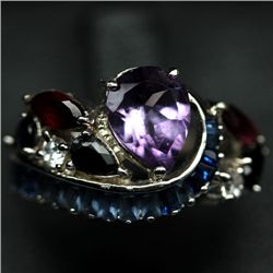 STERLING SILVER AMETHYST, RHODOLITE AND SAPPHIRE RING