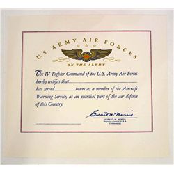 WW2 U.S. ARMY AIR FORCE AIRCRAFT WARNING CERTIFICATE