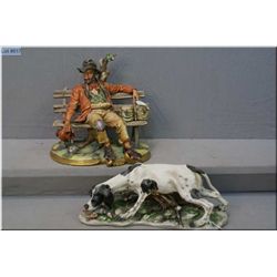 Two Capodimonte porcelain figurines including hobo on bench and a retriever