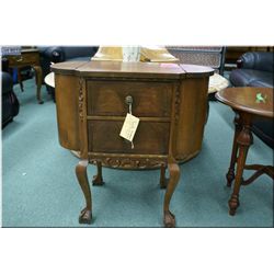 Mid 20th century sewing/knitting table with storage compartments and drawers plus carved ball and cl