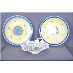 Selection of decorator pieces including hand painted rooster tureen, dish with applied handles and t