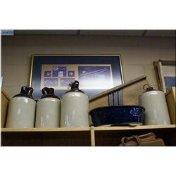 Selection of vintage collectibles including four stoneware jugs, cabbage cutter, snowshoe magazine r