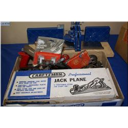 Selection of tools including mitre saw, honing guide, plains, etc.