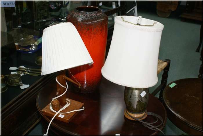 Two Small Table Lamps And A Large Glazed Stoneware Floor Vase