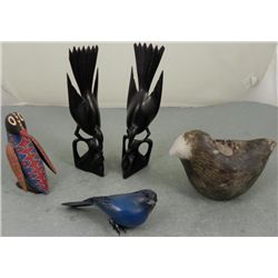 5 Bird Figurines Wood, Candle, Bluebird, Penguin