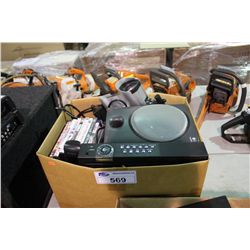 BOX OF SECURETY SYSEM PARTS ,DVD MOVIES AND SPEAKERS