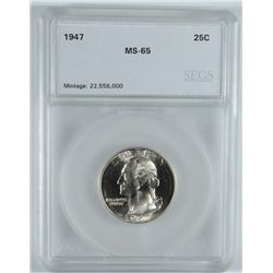 1947 WASHINGTON QUARTER, SEGS MS-65 GEM