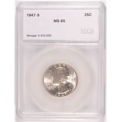 1947-S WASHINGTON QUARTER, SEGS MS-65 GEM!