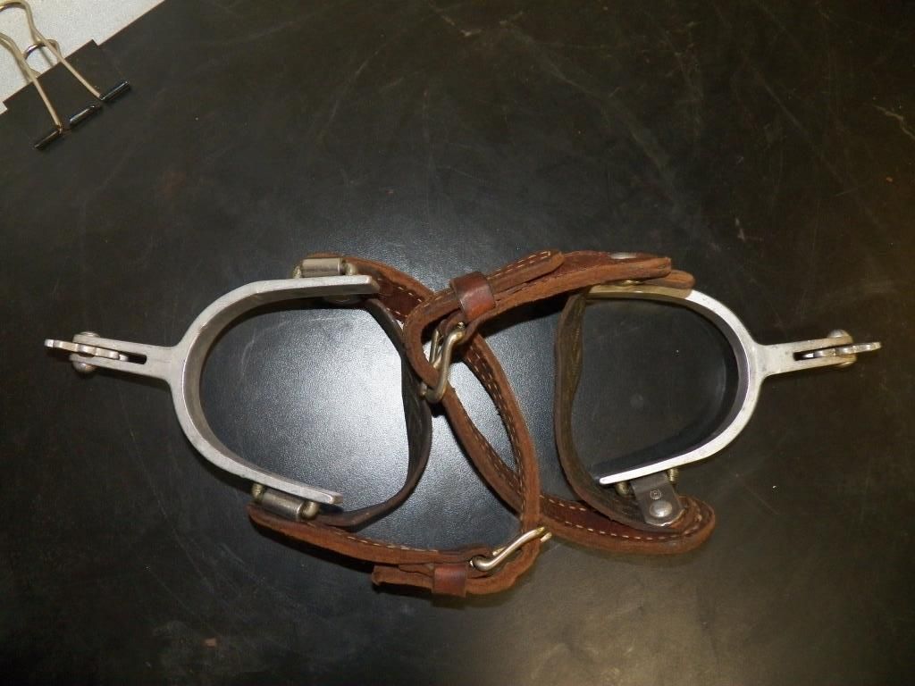 Pair of Aluminum Spurs with Straps Marked crockett renalde on back side