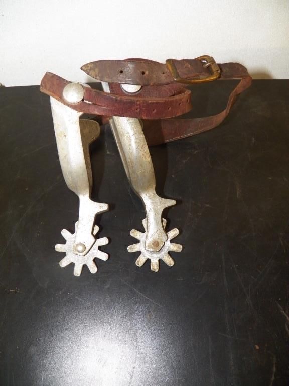 Pair of Aluminum Spurs with Straps Marked crockett renalde on back side