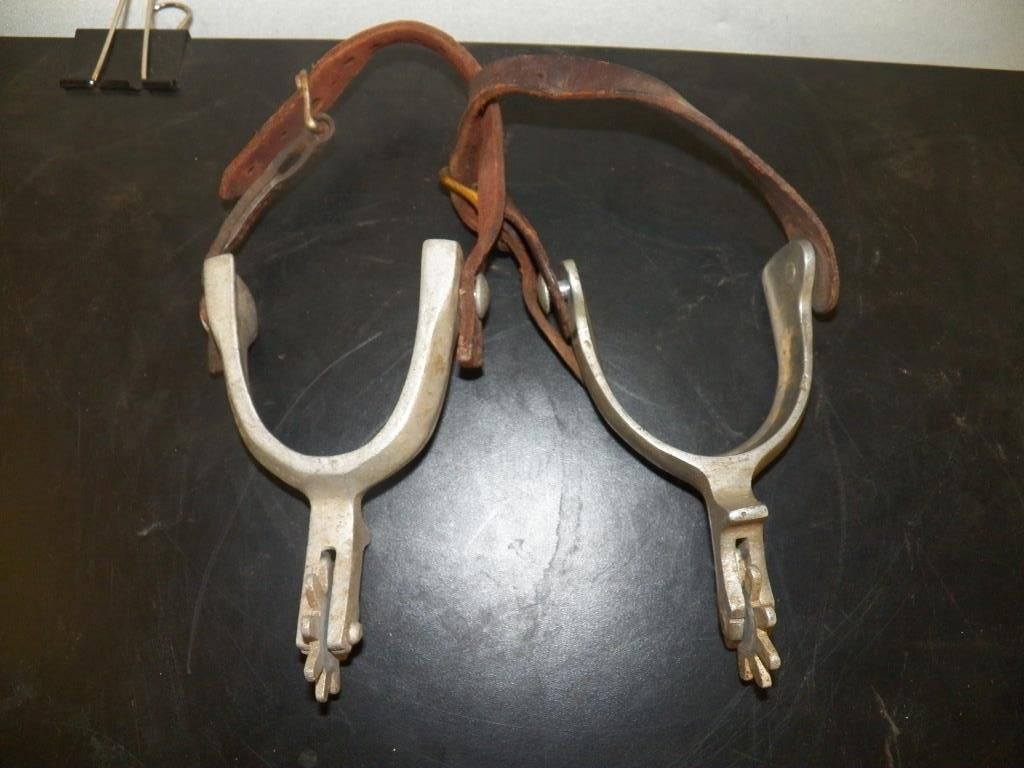 Pair of Aluminum Spurs with Straps Marked crockett renalde on back side
