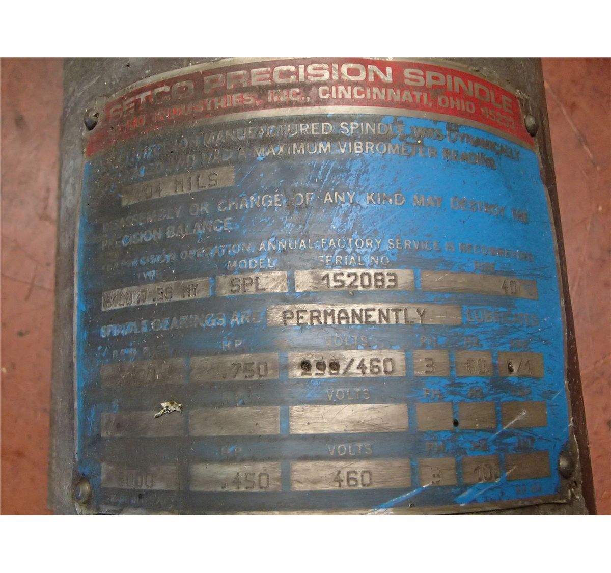 Setco Precision Spindle Type: 6100.7.36 MY Model: SPL _ .75HP
