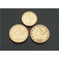 Two Half Eagle 5-Dollar Gold Coins Dated 1886S and 1898S and One Quarter Eagle 2-1/2 Dollar Gold...