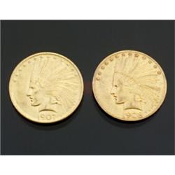 Two U.S. Indian Head 10-Dollar Gold Coins Dated 1907 and 1908...