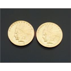 Two U.S. Indian Head 10-Dollar Gold Coins Dated 1909 and 1911...