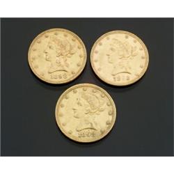 One U.S. Eagle 10-Dollar Gold Coin Dated 1893 and Two U.S. Eagle 10-Dollar Gold Coins Dated 1898...