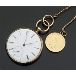 English 18-Karat Yellow Gold Key-wind Open Face Pocketwatch, M.I. Tobias, Liverpool...