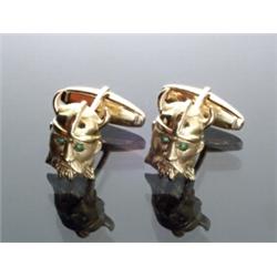 Pair of 14-Karat Yellow Gold Florentine and Polished Finish Emerald Eye Viking Cufflinks...