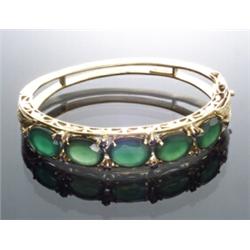 18-Karat Yellow Gold, Green Chalcedony and Blue Sapphire Bangle Bracelet...