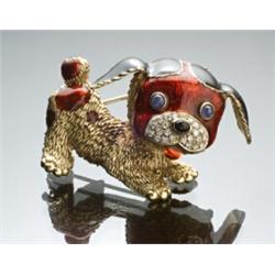 Italian 18-Karat Yellow Gold, Black and Red Enamel, Diamond, Blue Sapphire and Black Onyx Puppy C...