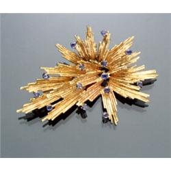 18-Karat Yellow Gold and Blue Sapphire Floral Spray Brooch...