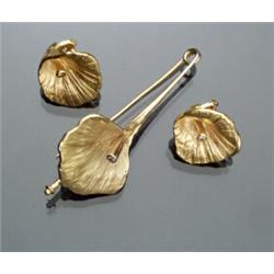 14-Karat Yellow Gold and Diamond Gingko Leaf Brooch and a Pair of French Clip-back Earrings...