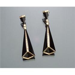 Pair of Tested 18-Karat Yellow Gold, Black Onyx and Diamond Pendant Earrings...